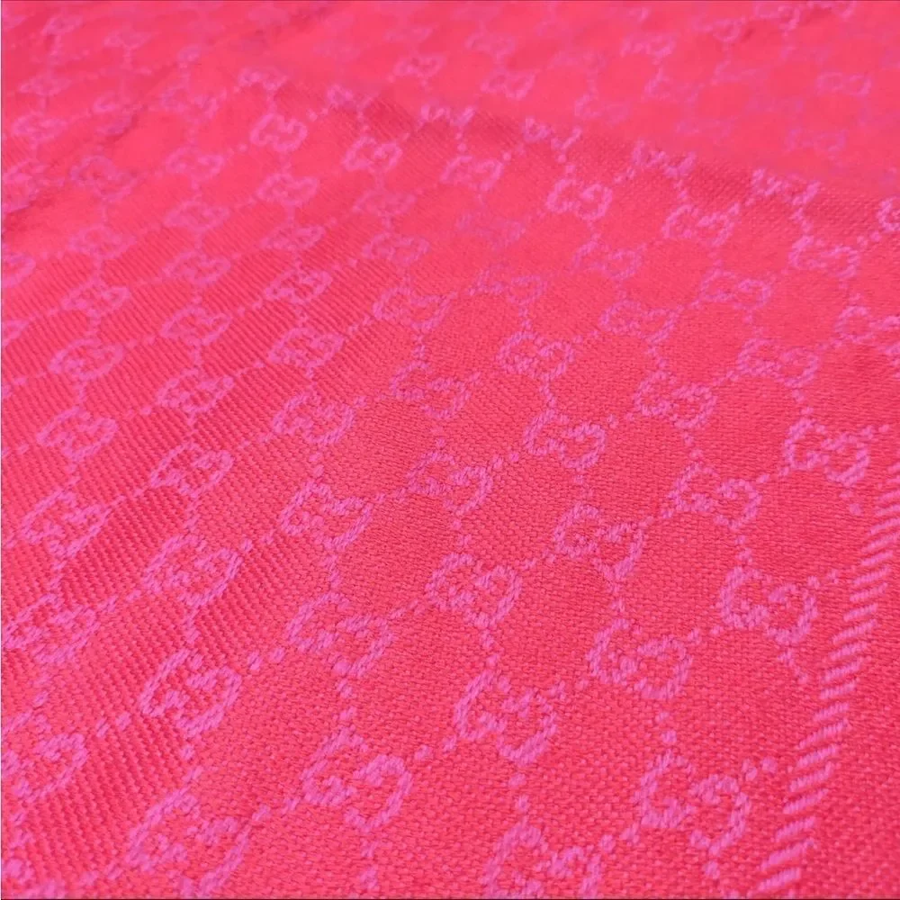 Gucci Red Fuchsia GG Monogram Wool Lame Jacquard Stenlux Scarf Stole Shawl Wrap